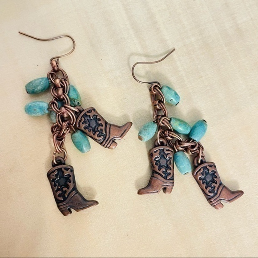 2/$29 Handmade Cowgirl Boot Turquoise Statement Earrings 2.75” Copper Dangle
